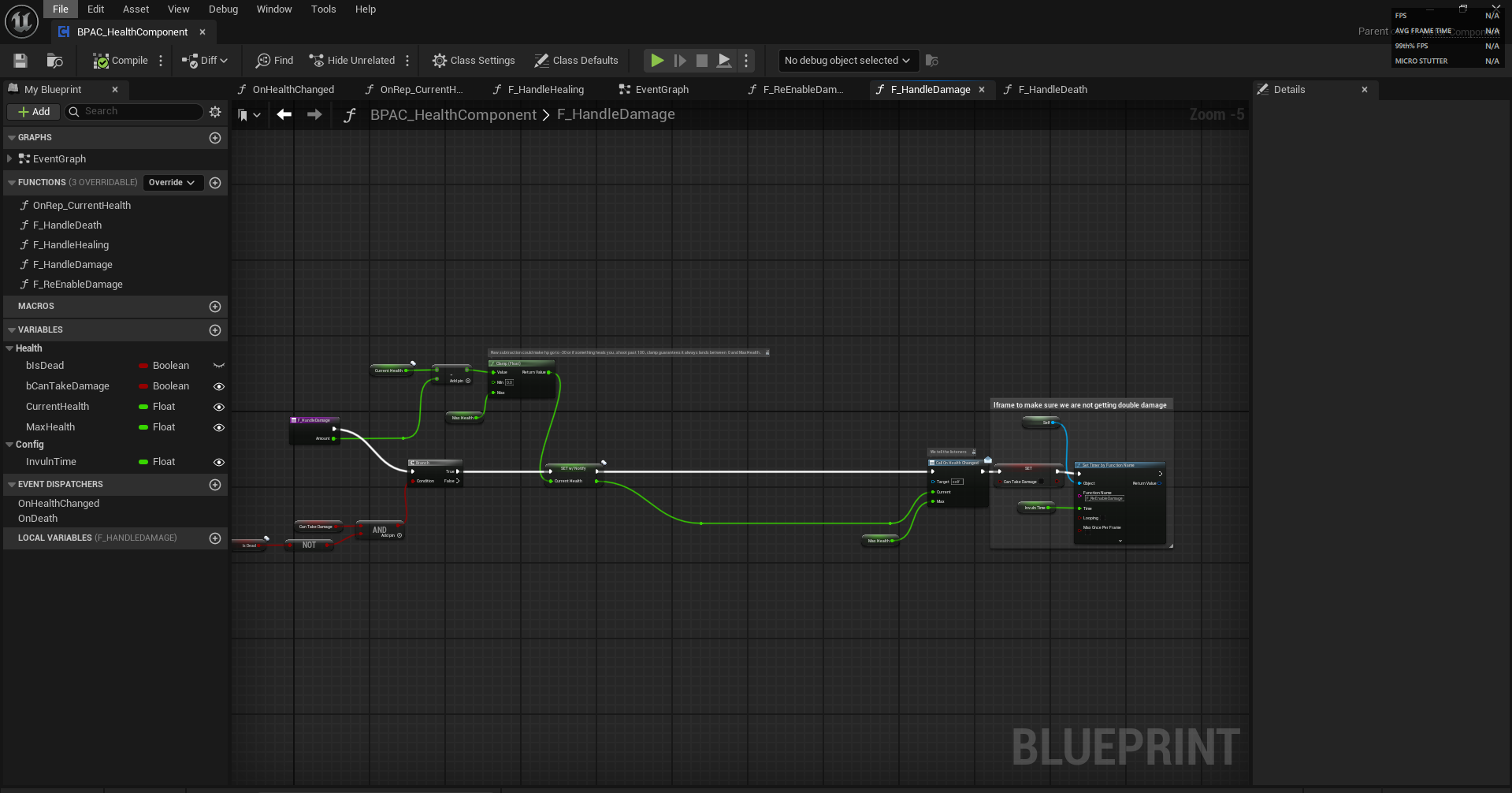 Blueprint damage-handling prototype with health checks and an invulnerability timer